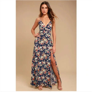 Lulu's Everlasting Bliss Navy Blue Floral Maxi Sheath Slit Dress Size Small